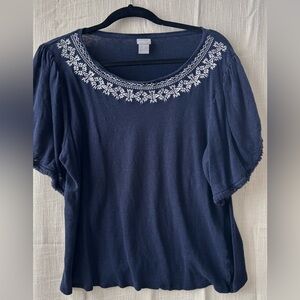 Chico's Blue and White Embellished Puff Sleeve Blouse